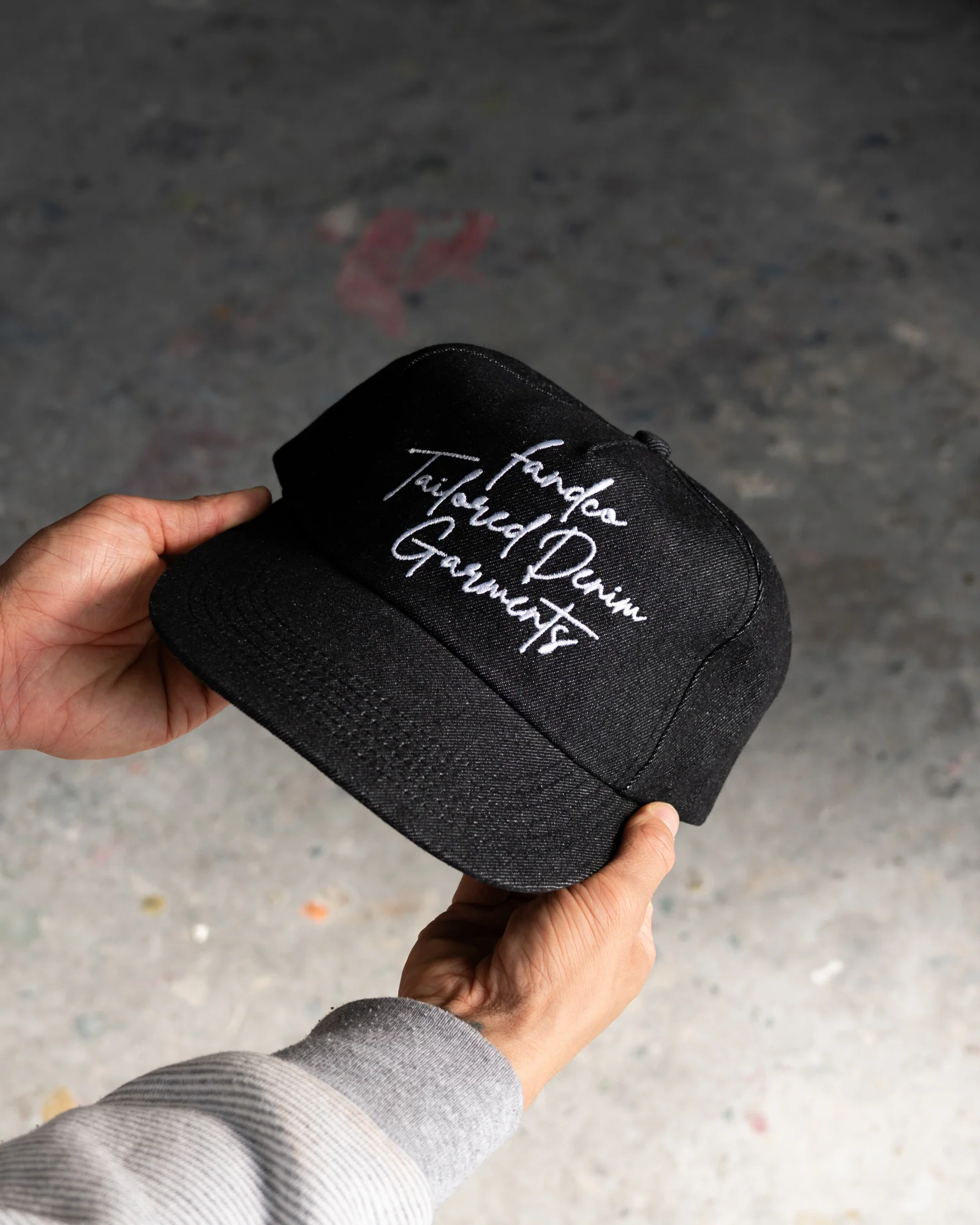 Denim Script Cap - Wide Brim 5 Panel - Black Denim - Image 4
