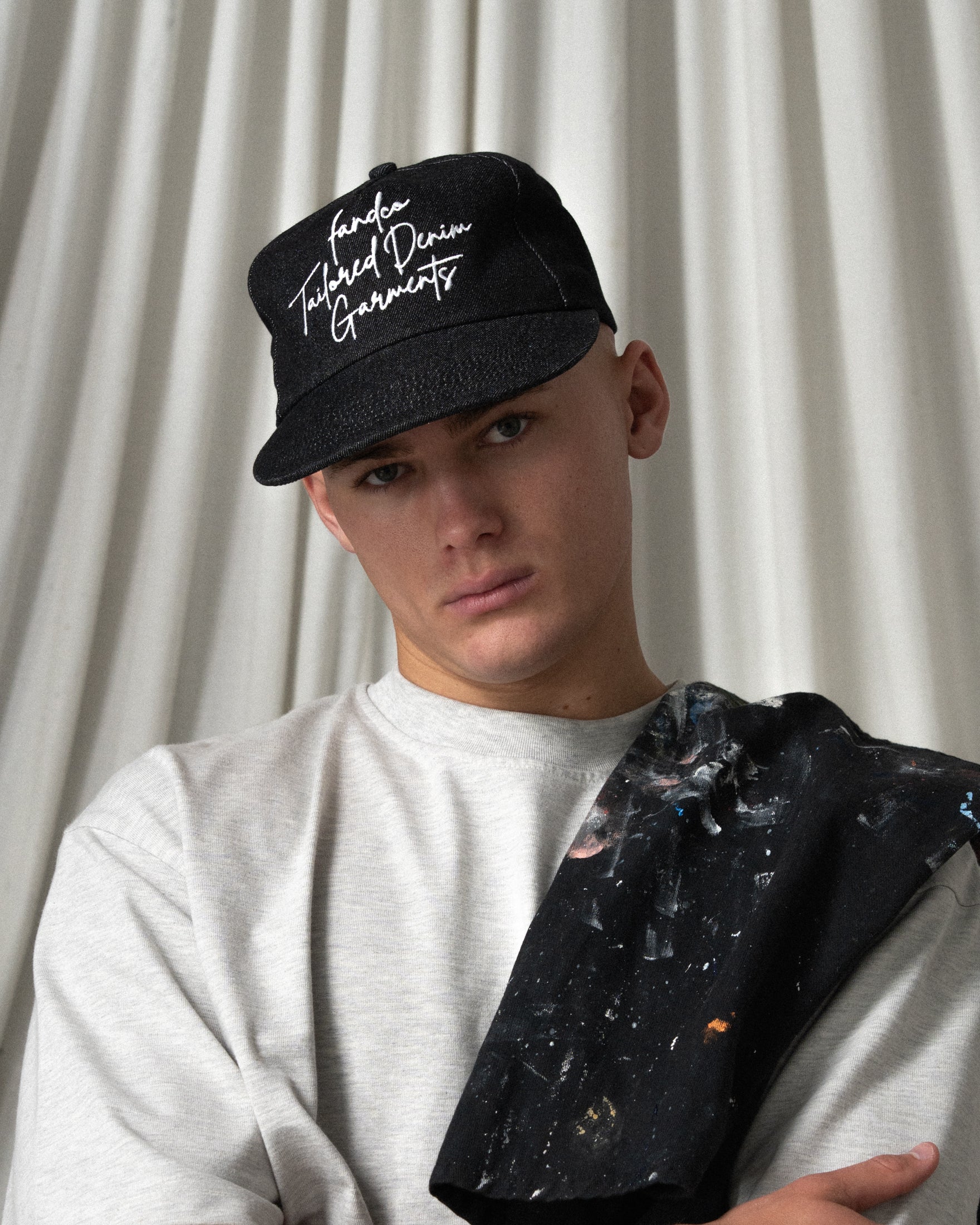 Denim Script Cap - Wide Brim 5 Panel - Black Denim - Image 5