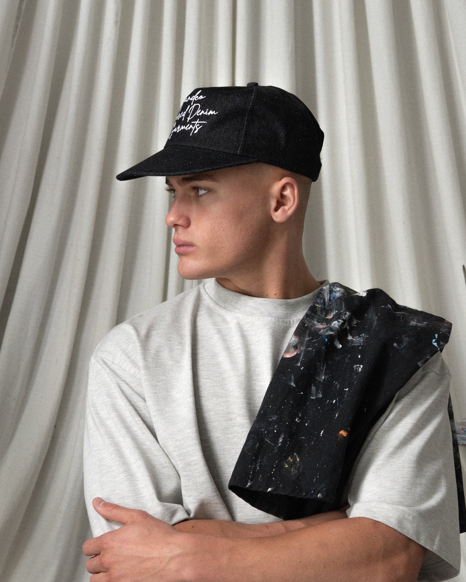 Denim Script Cap - Wide Brim 5 Panel - Black Denim - Image 6