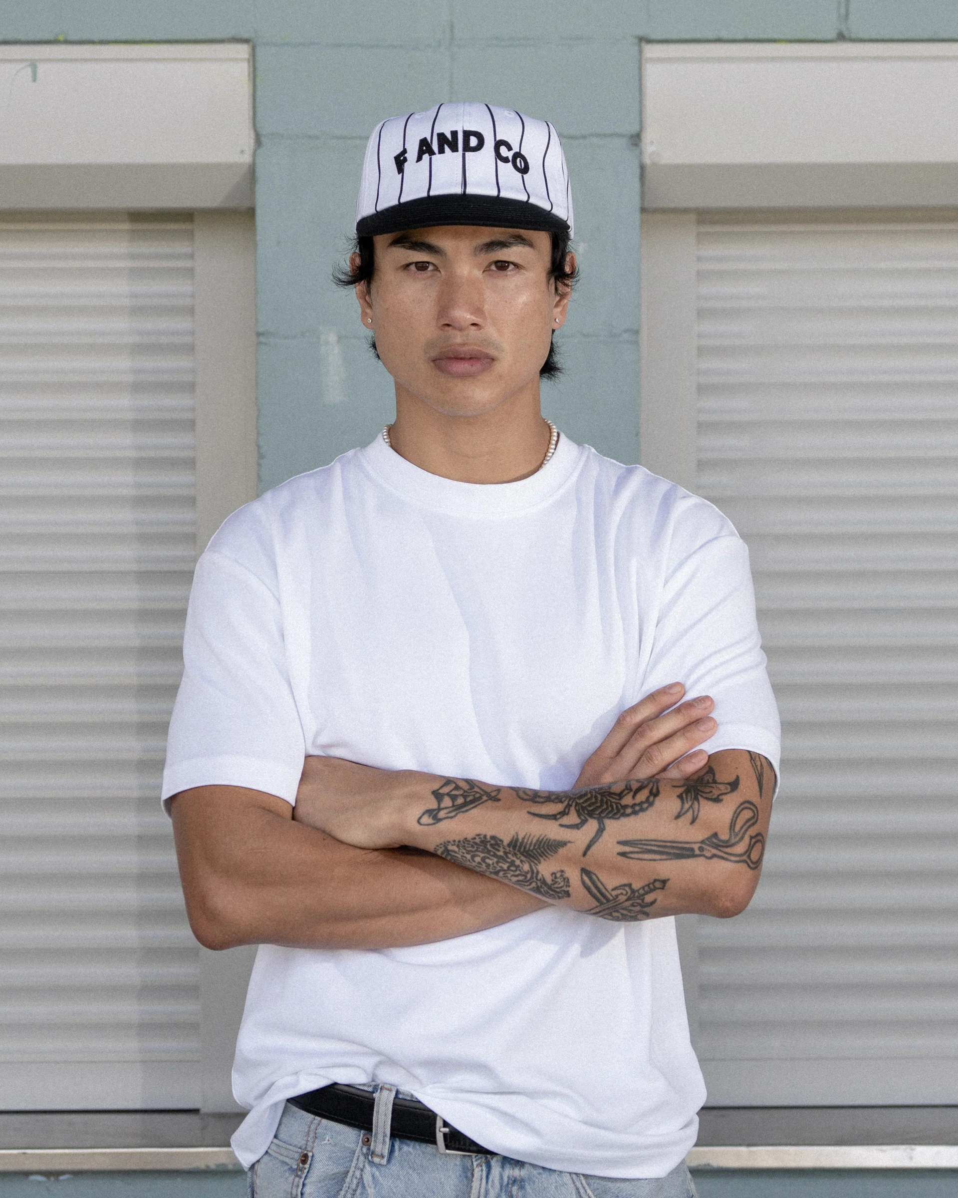 Letter Ball Cap - Short Brim 6 Panel - Off White/Black Pinstripe - Image 8