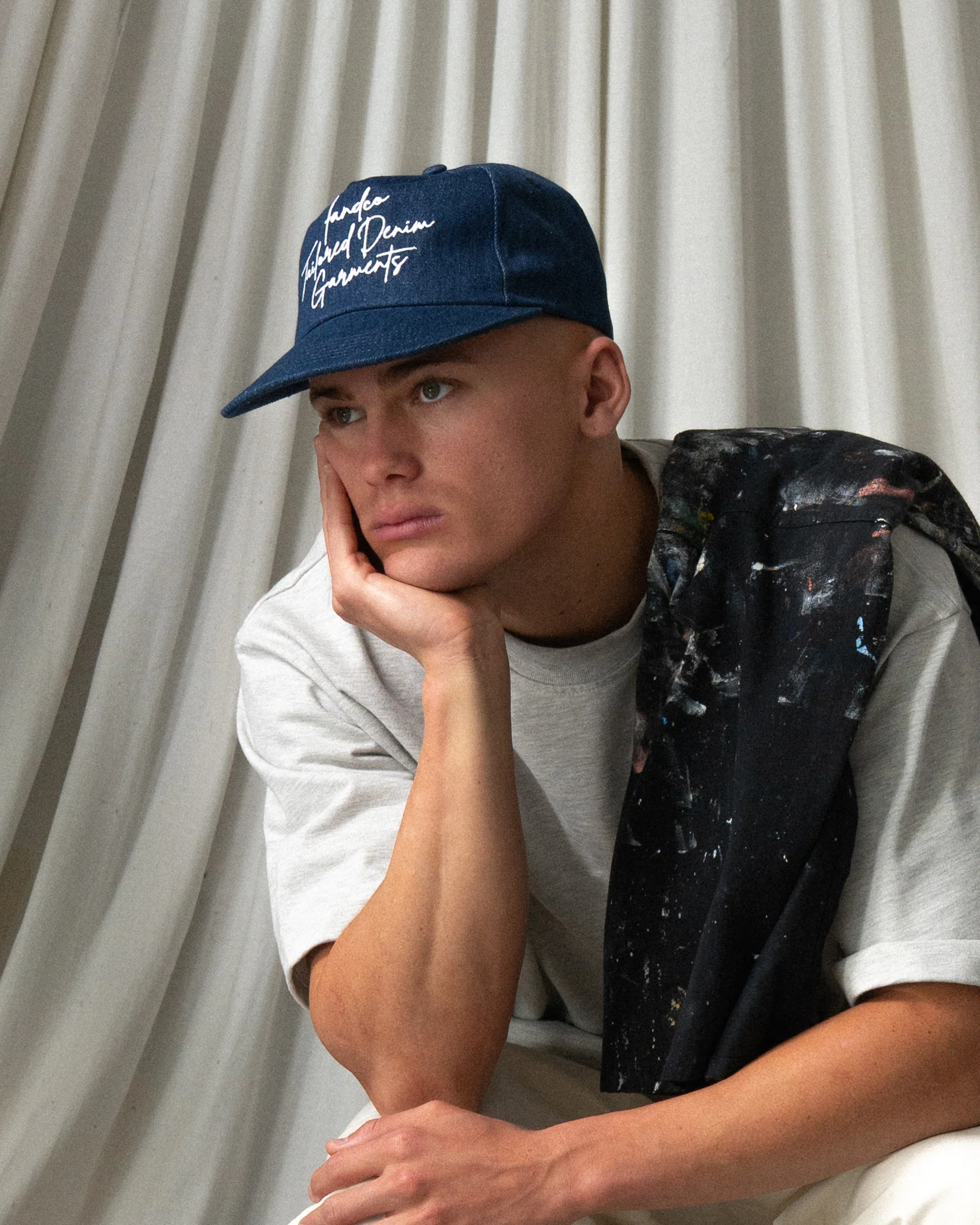 Denim Script Cap - Wide Brim 5 Panel - Dark Blue Denim - Image 7