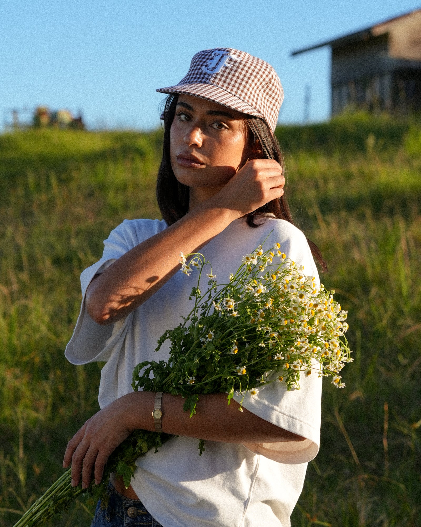 Picnic Letterman Cap - Short Brim 6 Panel - Brown/White Gingham - Image 10
